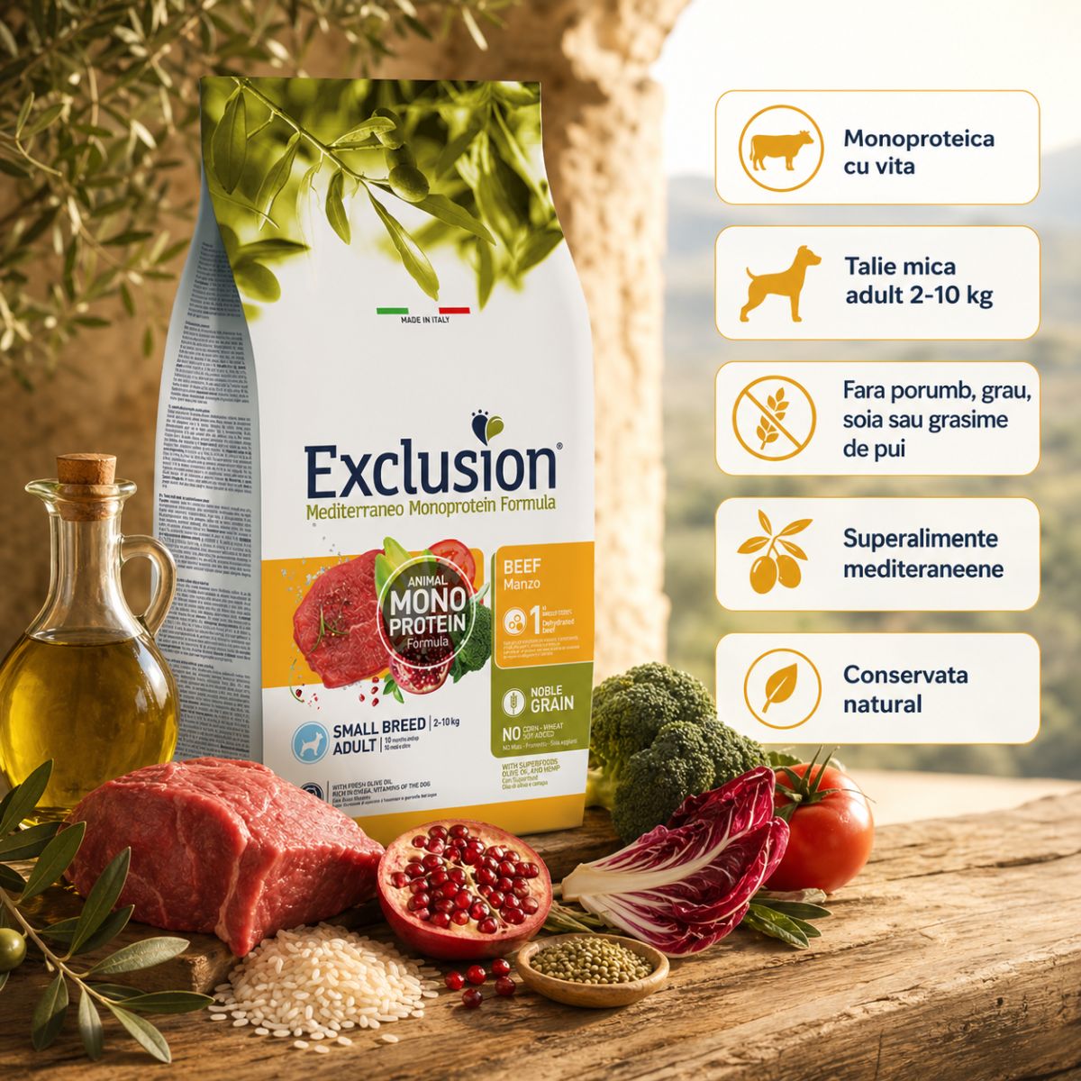 EXCLUSION Mediterraneo Monoprotein Formula Small Breed, XS-S, Vită, hrană uscată monoproteică câini, 2kg